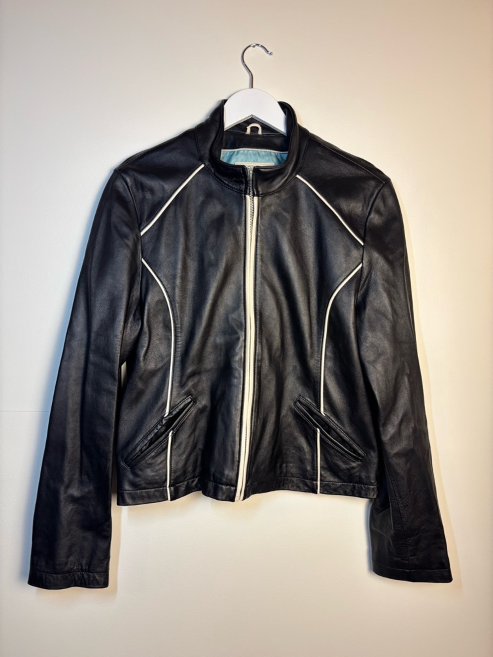 Y2K Wilsons Genuine Leather Black Jacket with White Piping, size XL